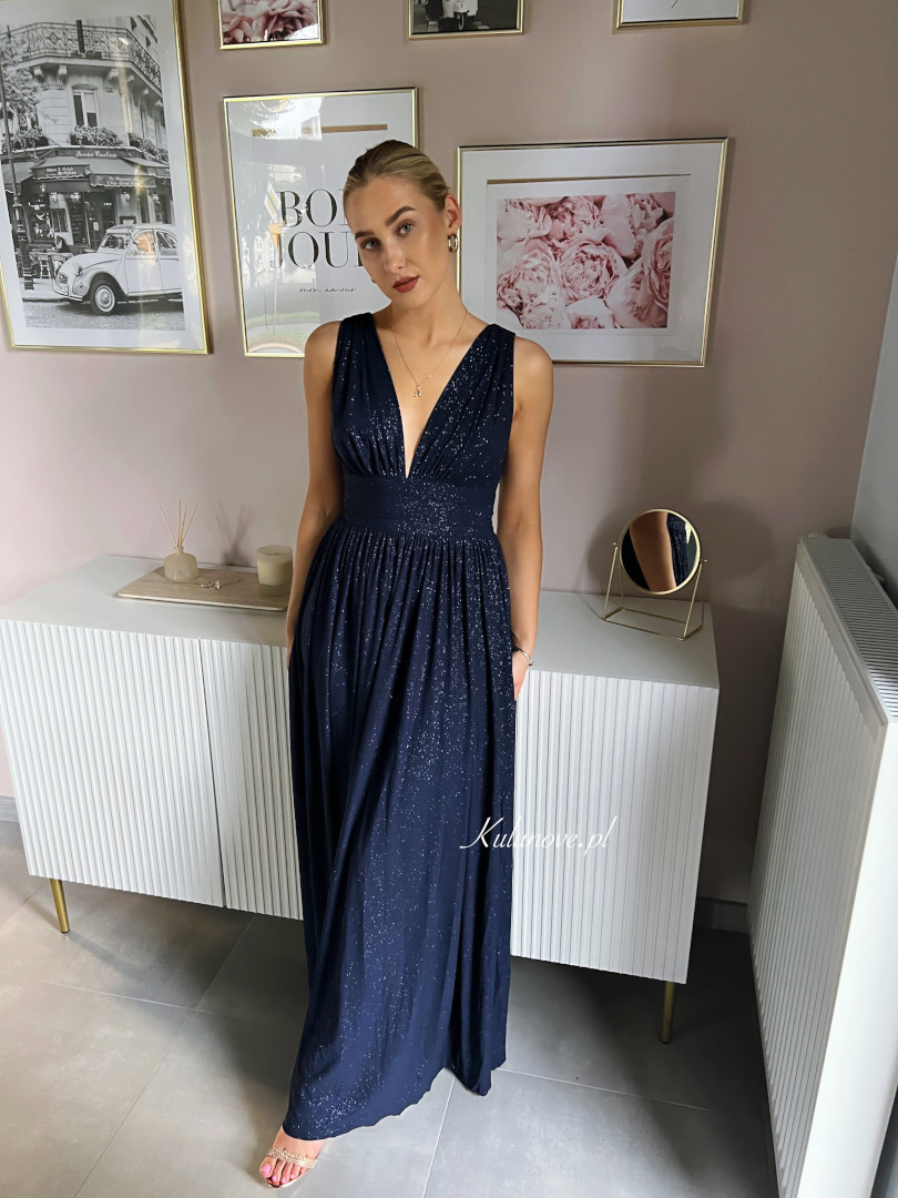 Penelope - navy blue evening long dress with brocade and deep neckline - Kulunove image 4