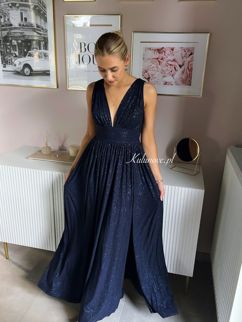 Penelope - navy blue evening long dress with brocade and deep neckline - Kulunove image 3