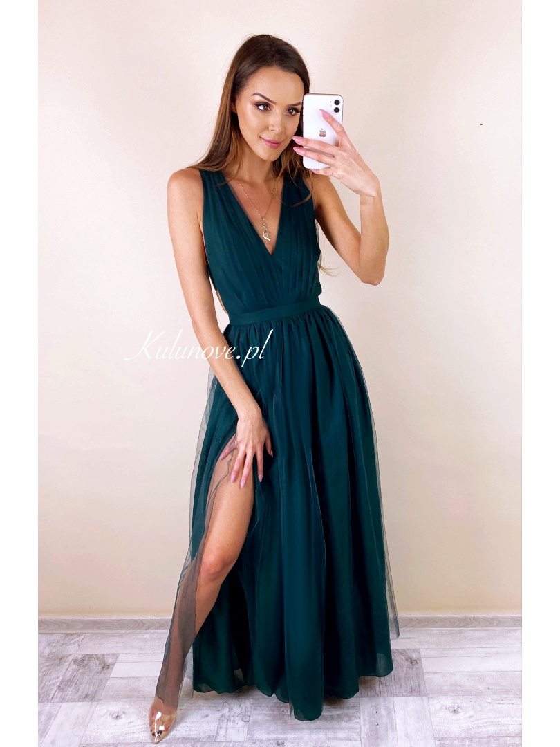 Paris bottle green - maxi dress with leg slit - Kulunove image 2