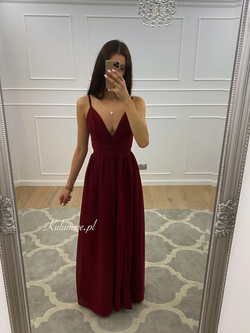 Francesca - maroon chiffon maxi dress with deep neckline - Kulunove image 2