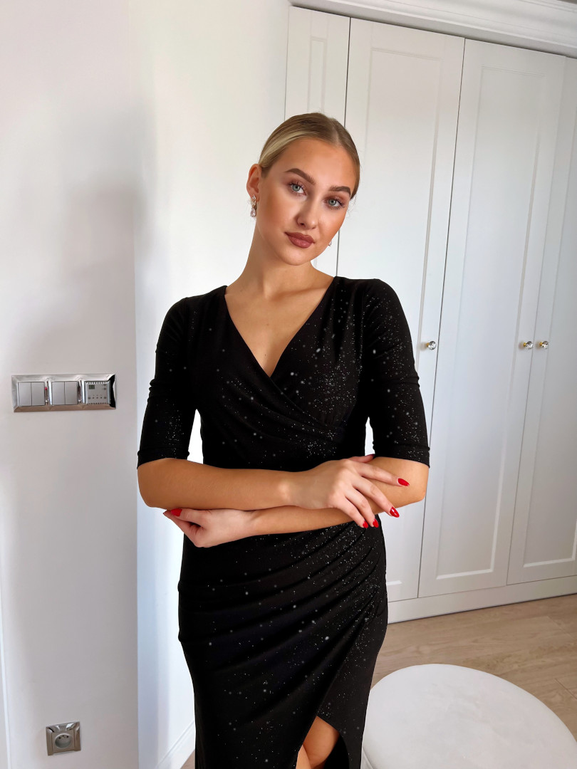 Daphne - black fitted brocade dress with 3/4 sleeves - Kulunove image 2