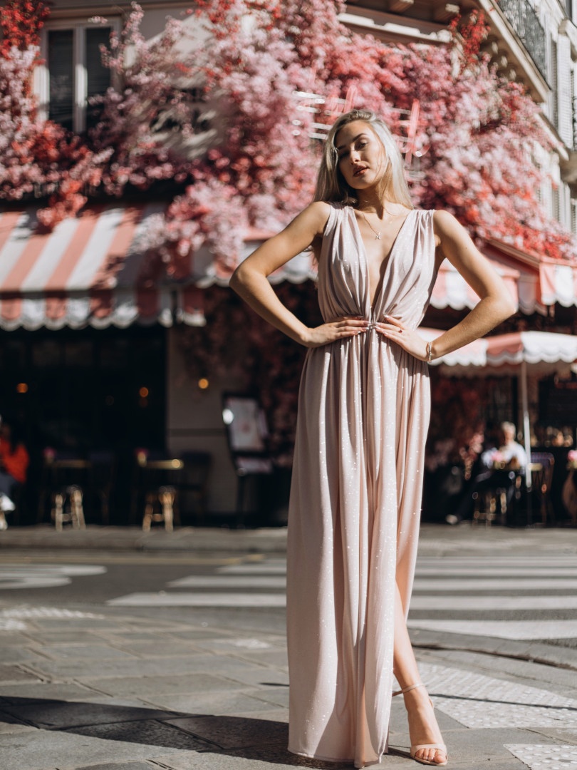 Magnolia - simple maxi dress with brocade in beige pink - Kulunove image 1