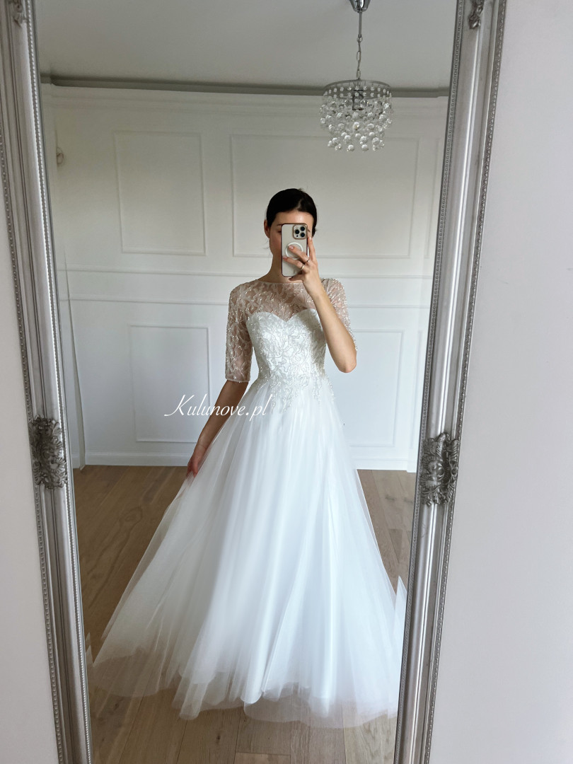 Olivia - tulle wedding dress with 3/4 sleeves and richly decorated top - Kulunove image 1