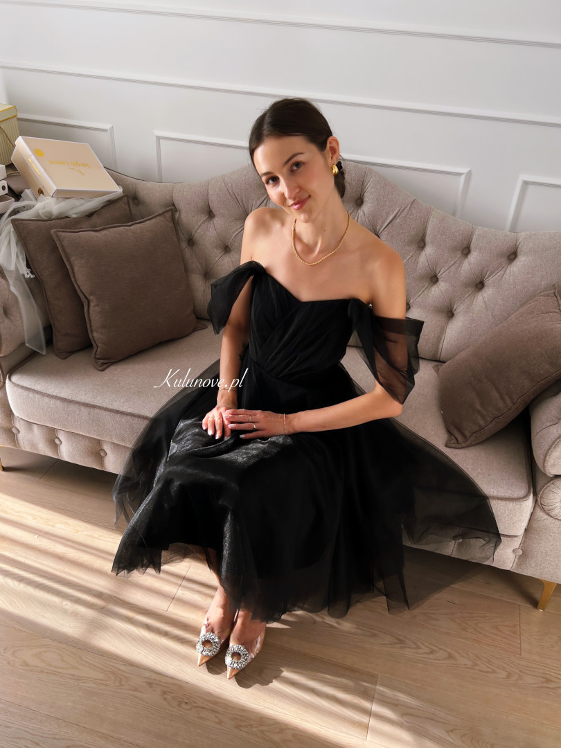 Selena - black tulle midi dress with plunging sleeves - Kulunove image 2