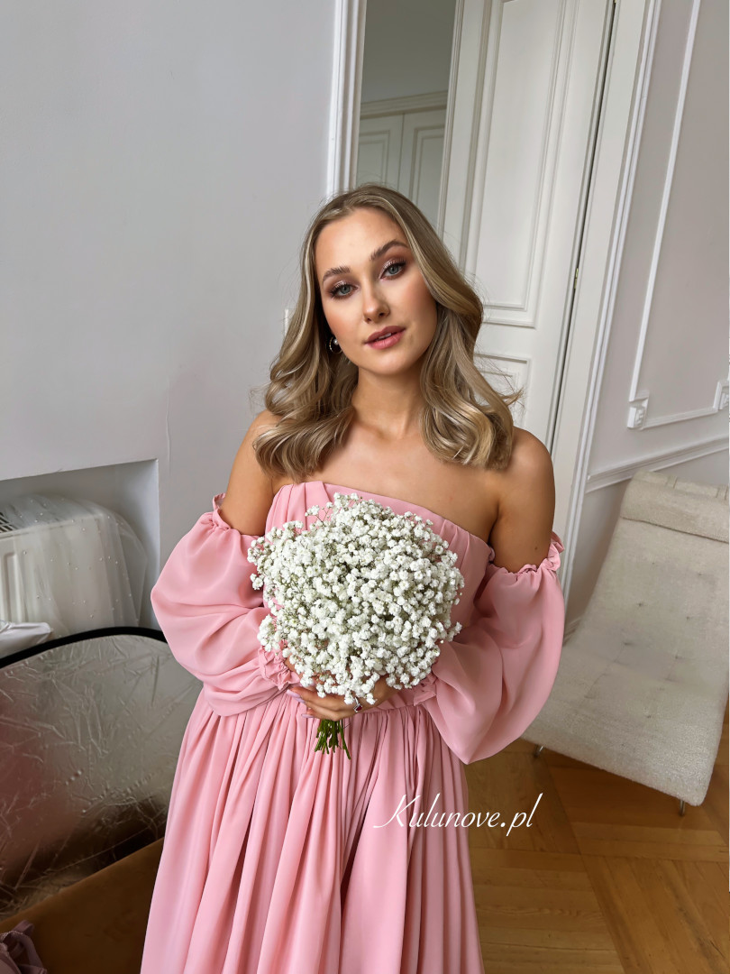 Rapunzel - flared midi dress with buff sleeves in powder pink - Kulunove image 2