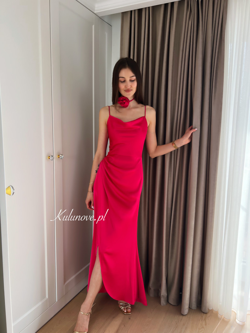 Blair - satin maxi dress in fuchsia with crinkle detailing - Kulunove image 2