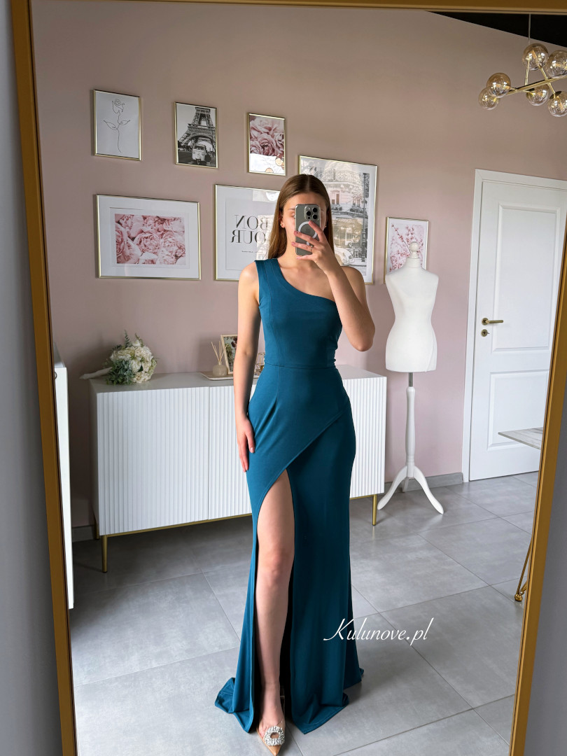 Filadelfia - elegant slightly shiny one-shoulder maxi dress in marine color - Kulunove image 1