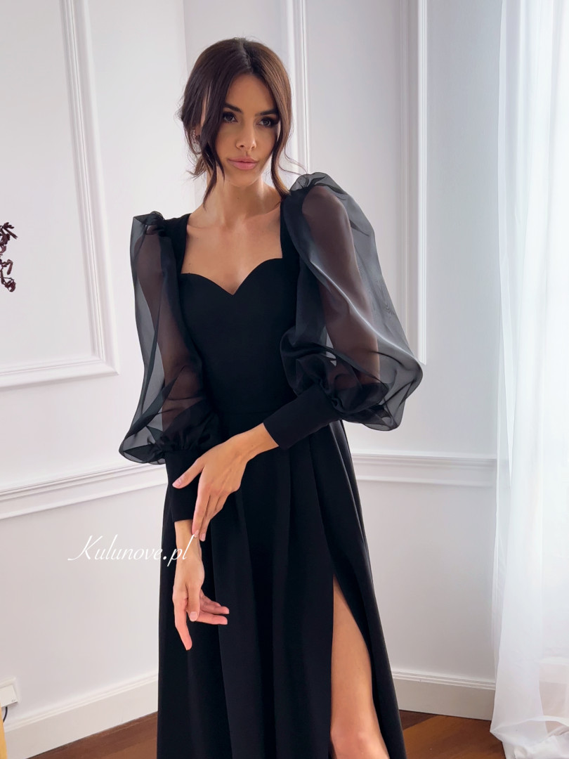 Jenna - black flared dress with leg slit and chiffon sleeves finished with buttons - Kulunove image 1