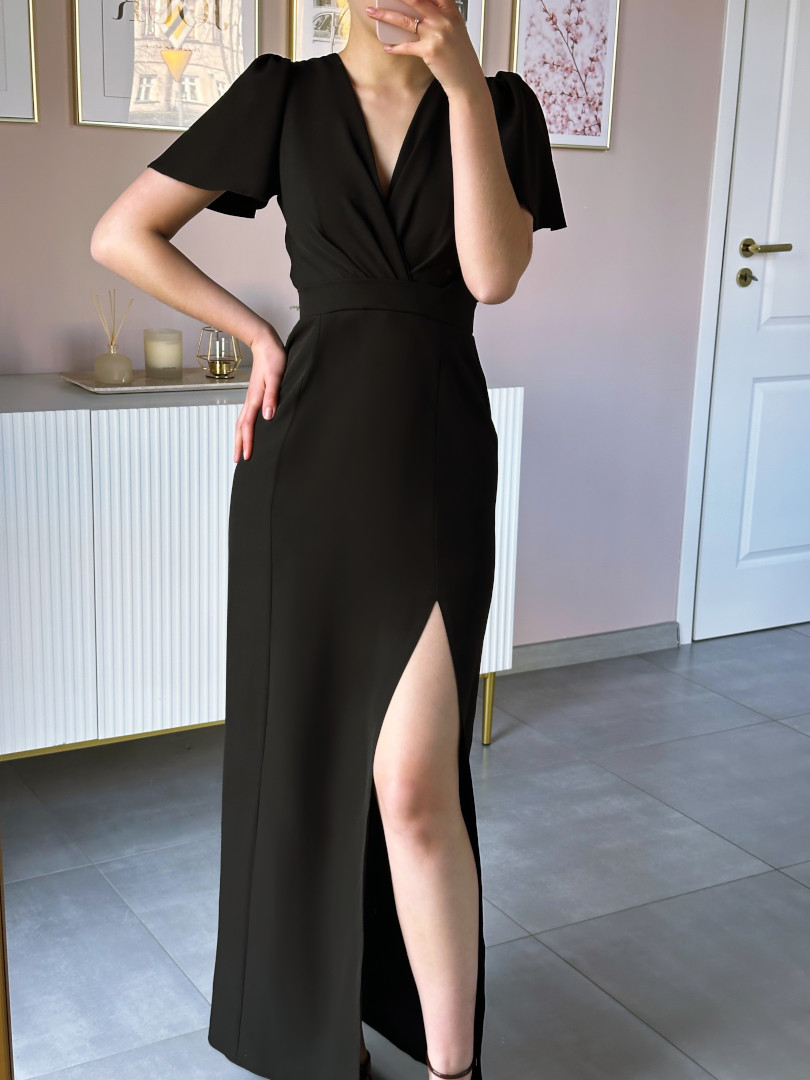 Jennifer maxi- black simple dress with overlap neckline and butterfly sleeves - Kulunove image 1