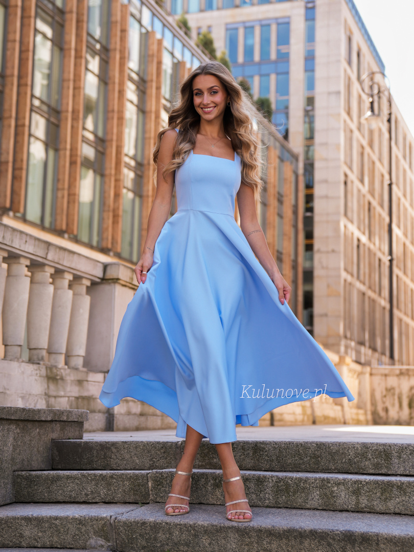 Karlie midi - blue midi dress with karo neckline and wide straps - Kulunove image 1