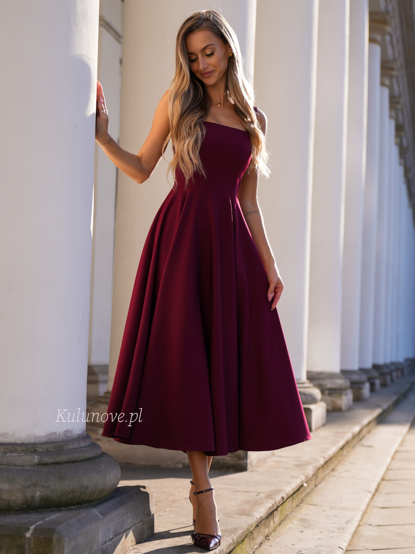Karlie midi - burgundy dress with fitted strapless top and flared midi length bottom - Kulunove image 1