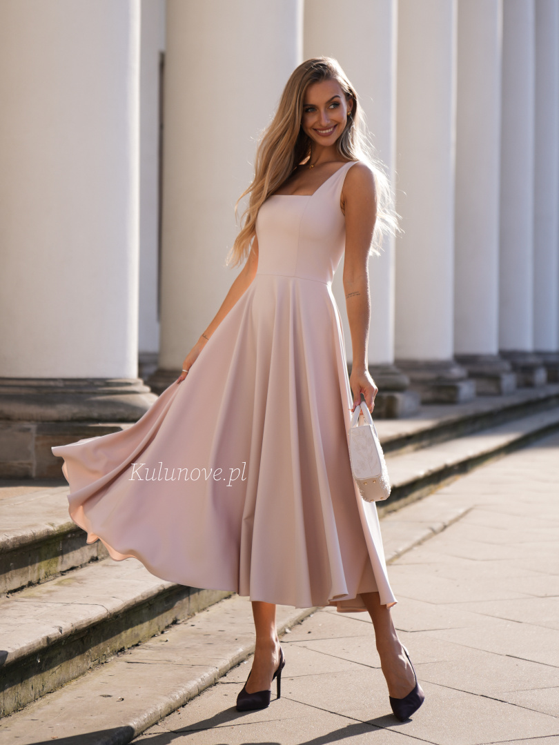 Karlie midi - beige midi dress with flared bottom wide straps and classic karo neckline - Kulunove image 4
