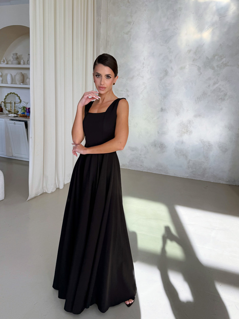 Karlie - black flared dress with karo neckline on thicker straps - Kulunove image 2