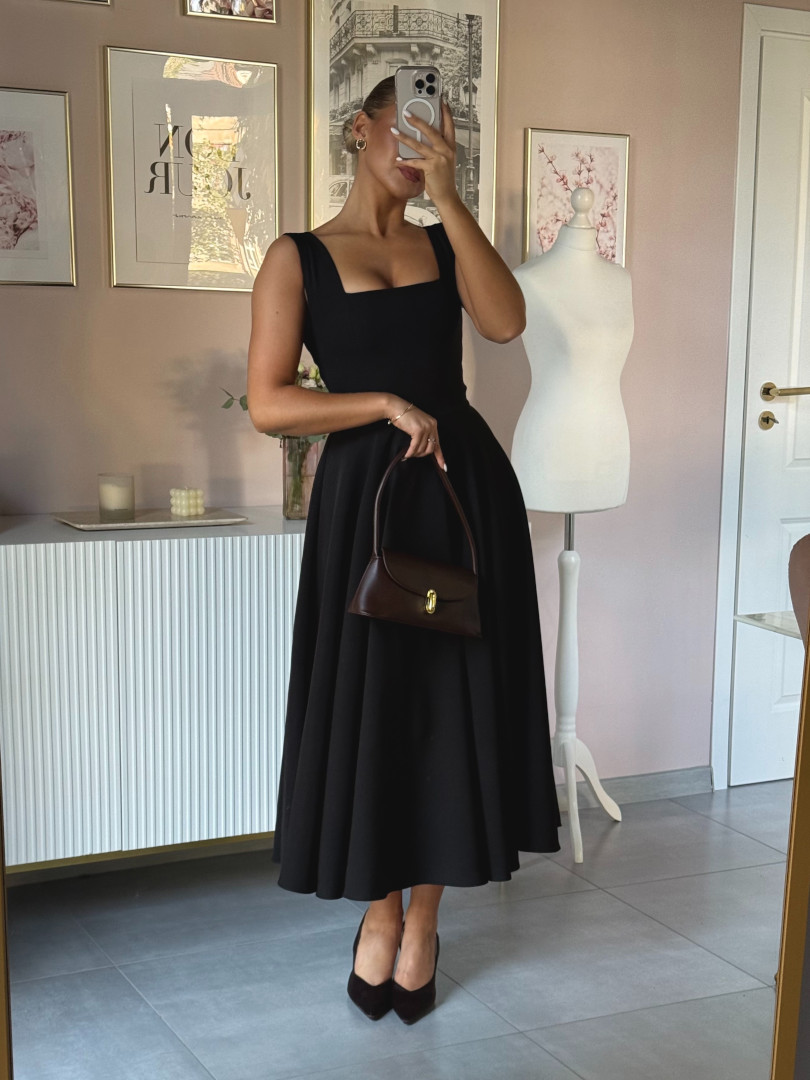 Karlie midi - black flared dress on thicker straps with karo neckline - Kulunove image 1
