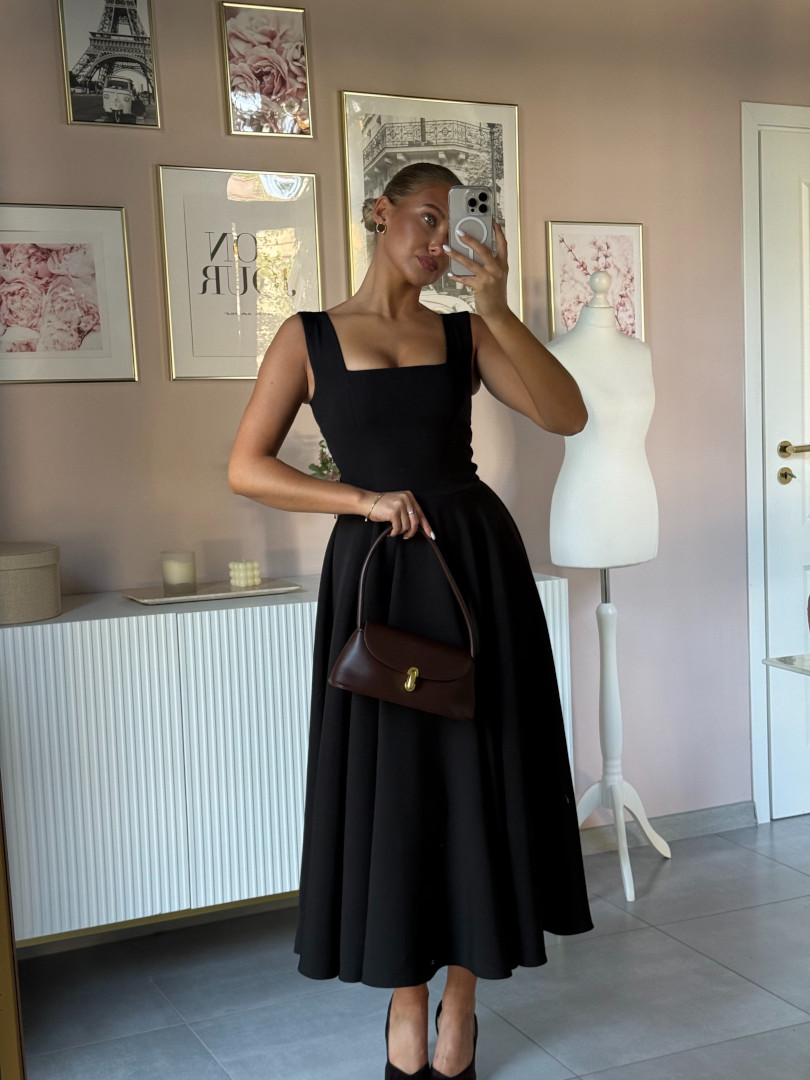 Karlie midi - black flared dress on thicker straps with karo neckline - Kulunove image 4