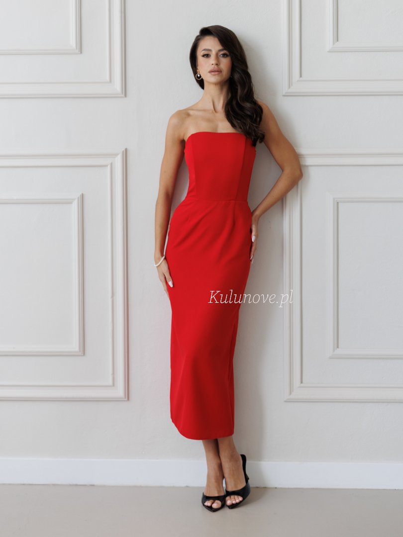 Liv - red simple midi length dress with open shoulders and back slit - Kulunove image 1