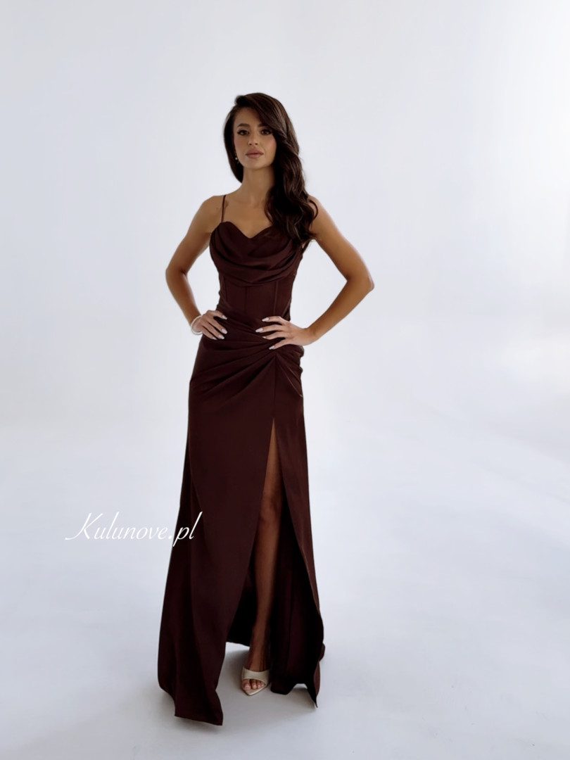 Margot - chocolate fitted maxi dress with a striking neckline - Kulunove image 1