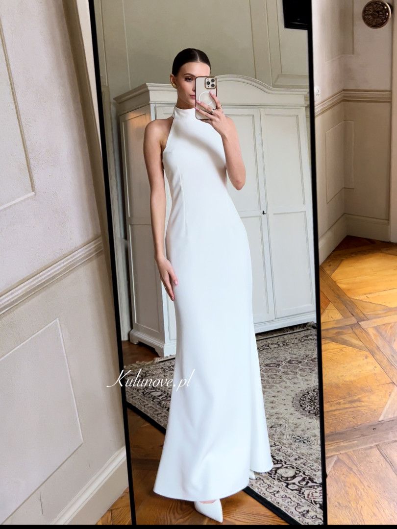 Meghan - minimalist elegant ecru fishnet dress with halter neckline - Kulunove image 3