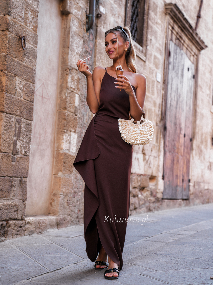 Miami - chocolate asymmetrical one-shoulder dress with decorative frill on the zipper - Kulunove image 1