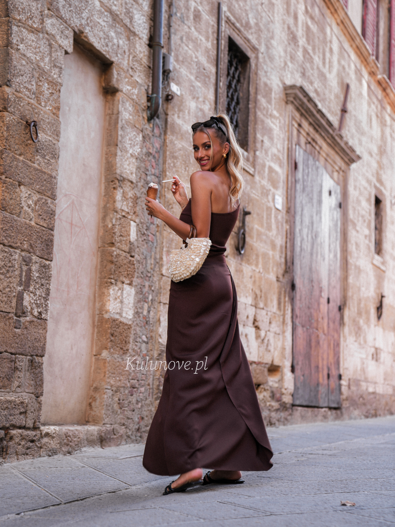 Miami - chocolate asymmetrical one-shoulder dress with decorative frill on the zipper - Kulunove image 2