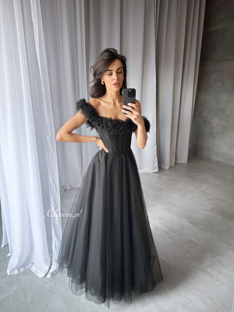 Moana - black tulle long corset dress with open shoulders perfect for proms - Kulunove image 1