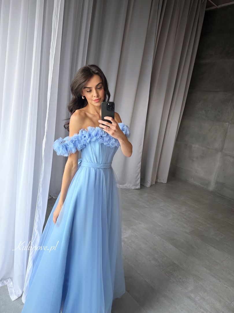 Moana- blue tulle dress with tied corset revealing shoulders - Kulunove image 2