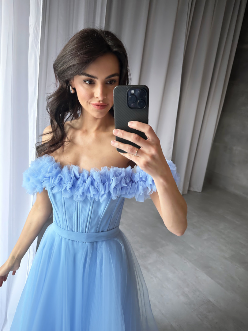 Moana- blue tulle dress with tied corset revealing shoulders - Kulunove image 3