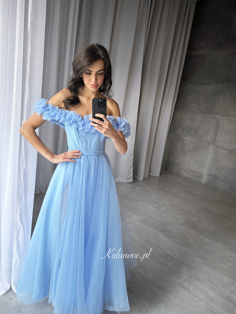 Moana- blue tulle dress with tied corset revealing shoulders - Kulunove image 4