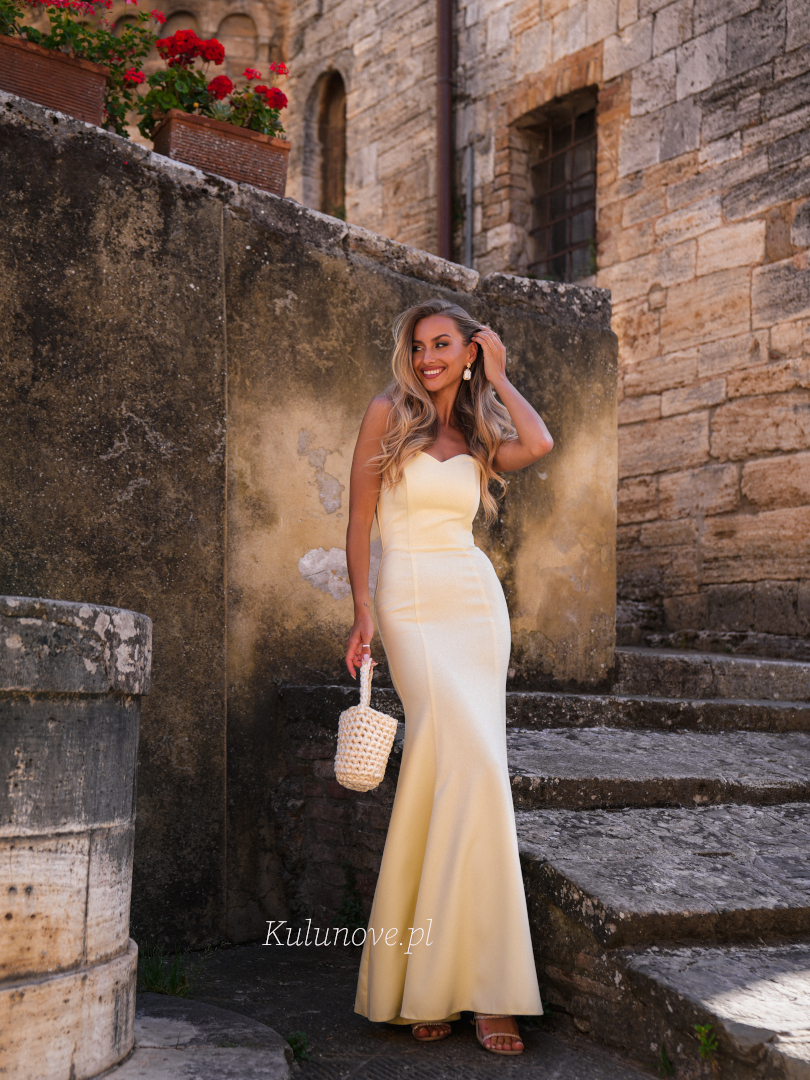 Monalisa - yellow fitted dress with fishnet shape and heart neckline - Kulunove image 1