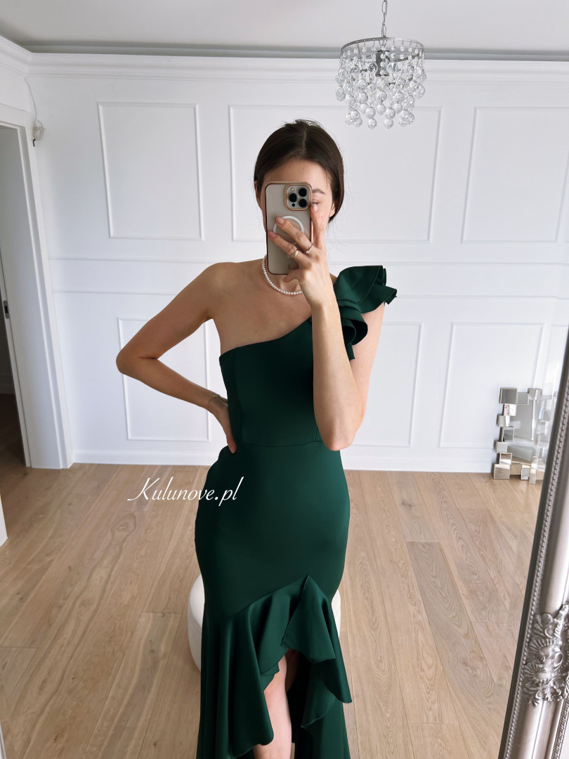 Natalie - bottle green one shoulder Spanish style dress with decorative shoulder ruffle and frilly bottom - Kulunove image 2