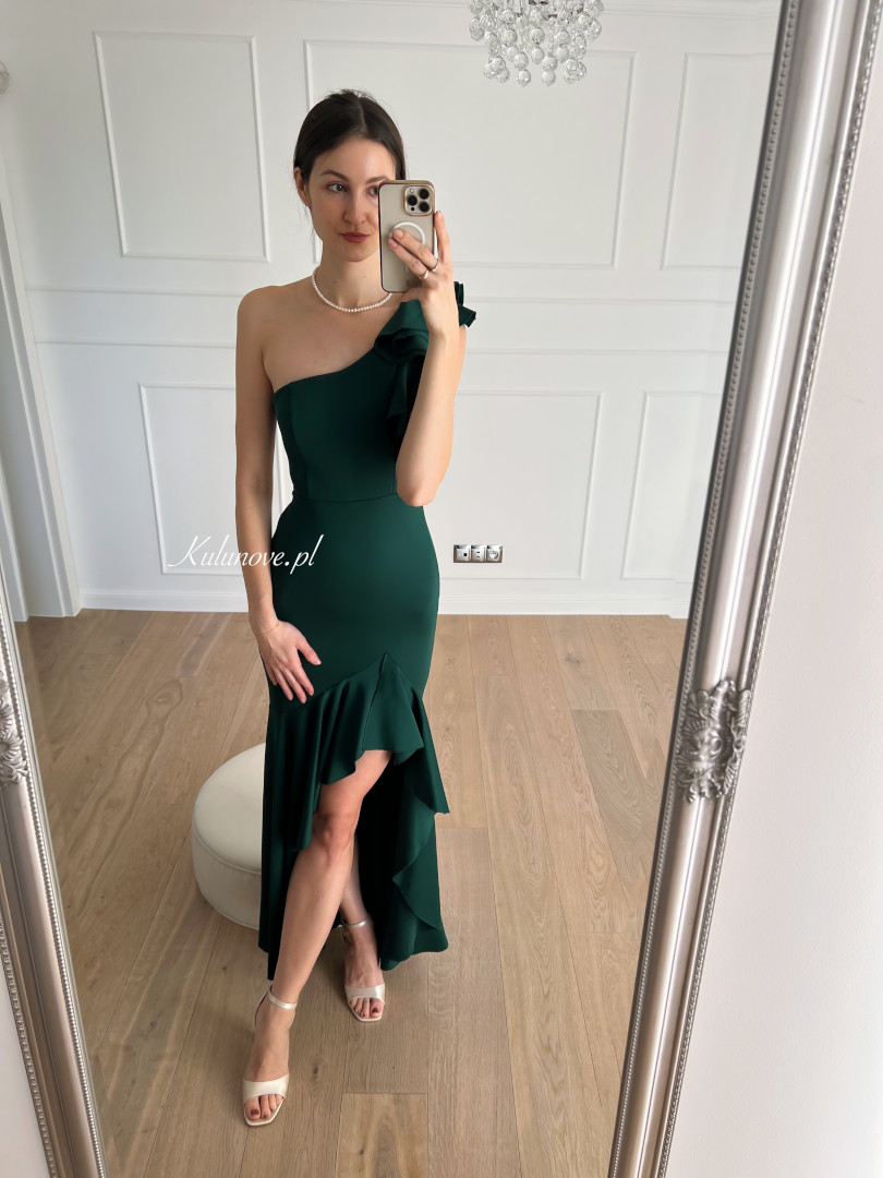 Natalie - bottle green one shoulder Spanish style dress with decorative shoulder ruffle and frilly bottom - Kulunove image 3