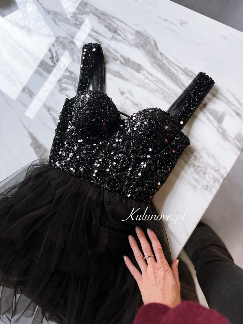 Octavia II - black long sequin corset dress with ruffled bottom - Kulunove image 2