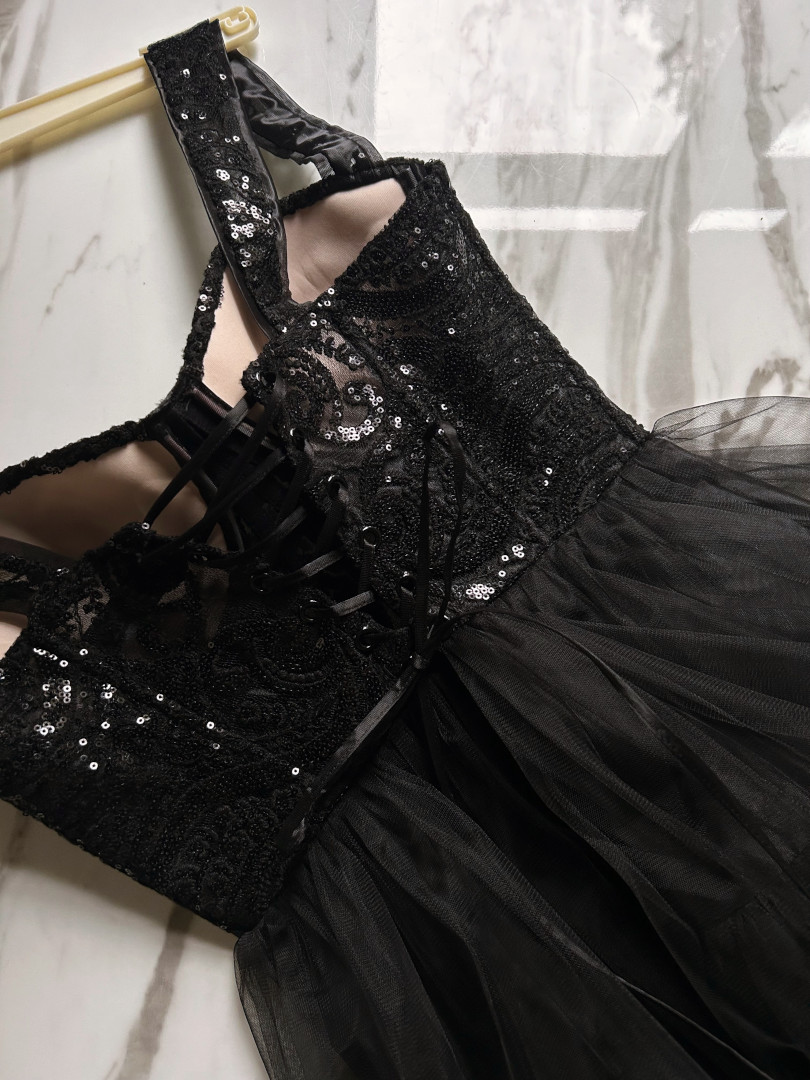 Octavia- black long princess dress with ruffles and sequin bodice - Kulunove image 2