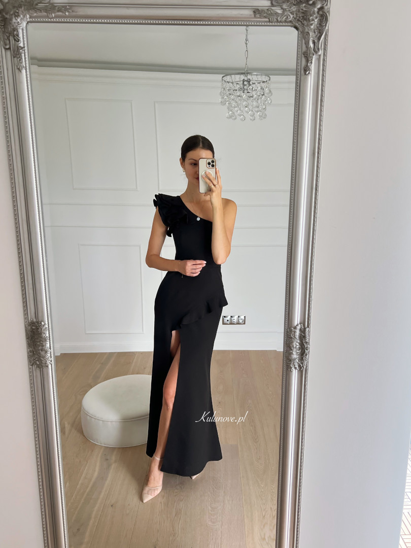 Ophelia- black simple elegant one-shoulder dress with a ruffle and a spread - Kulunove image 1