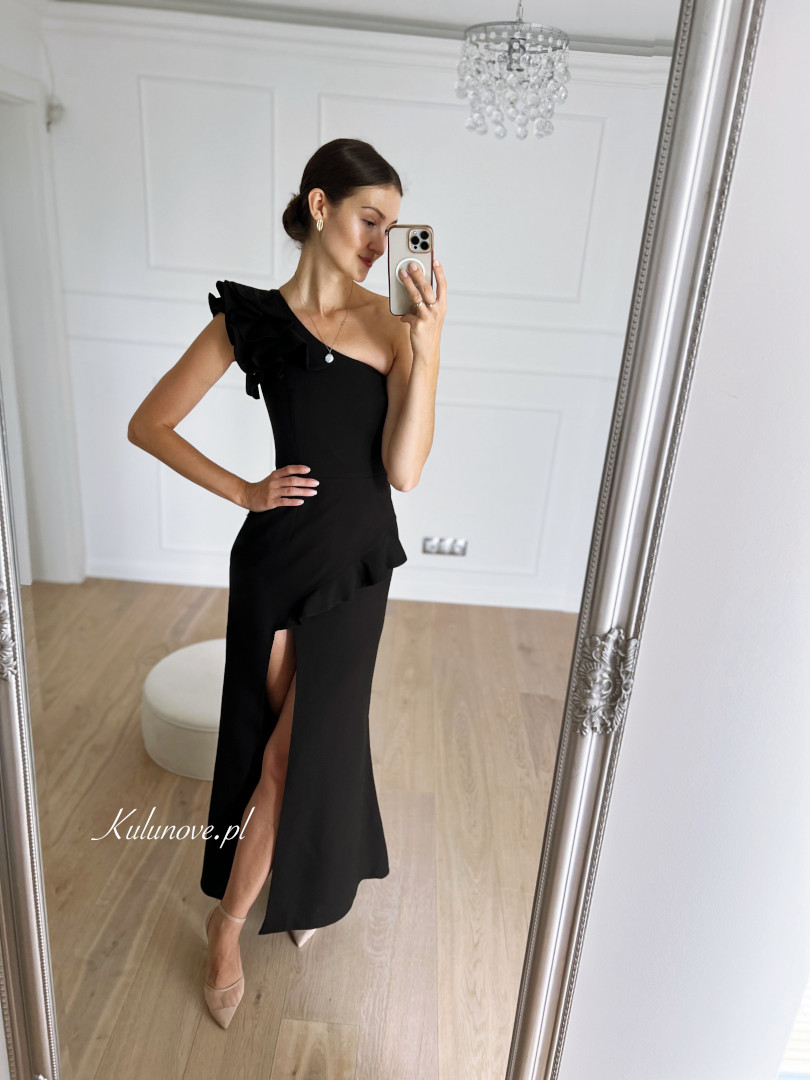 Ophelia- black simple elegant one-shoulder dress with a ruffle and a spread - Kulunove image 2