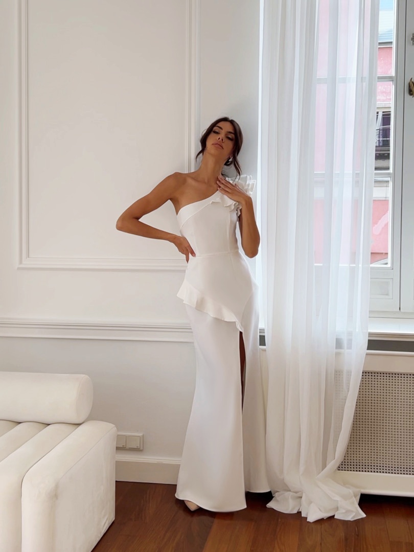 Ophelia- white chic dress decorated with one shoulder ruffles and slit - Kulunove image 1