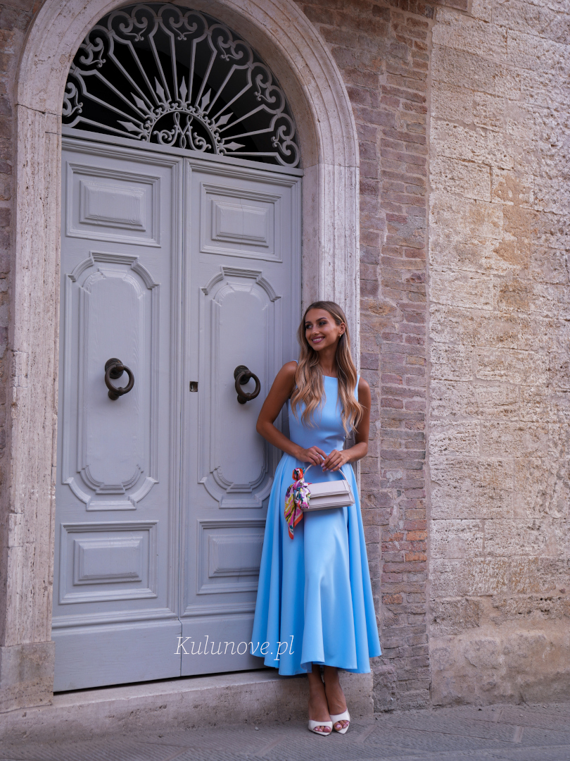 Prima - elegant blue flared midi length dress with a built in neckline - Kulunove image 1