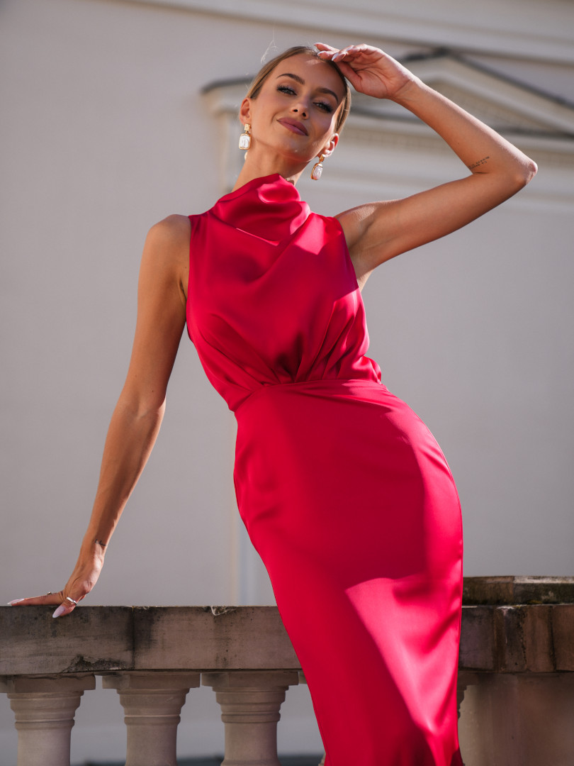 Aria - red satin maxi dress with flowing neckline and back slit - Kulunove image 4