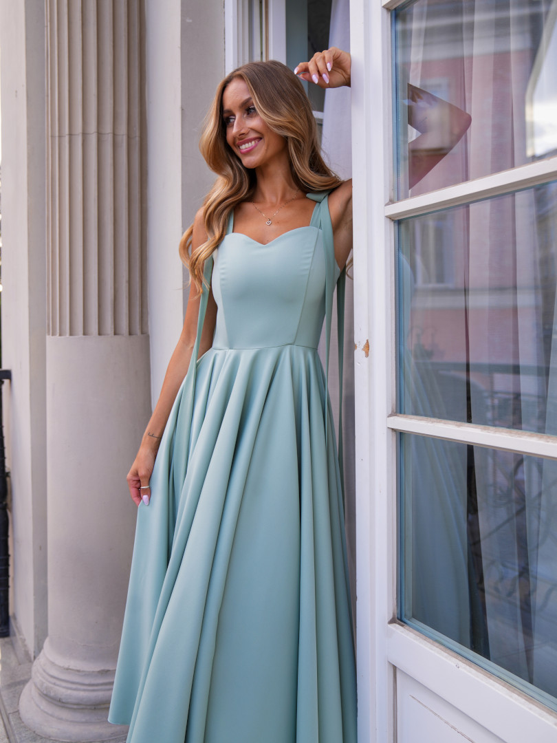 Scarlet - sage midi dress with heart neckline and decorative ties - Kulunove image 1