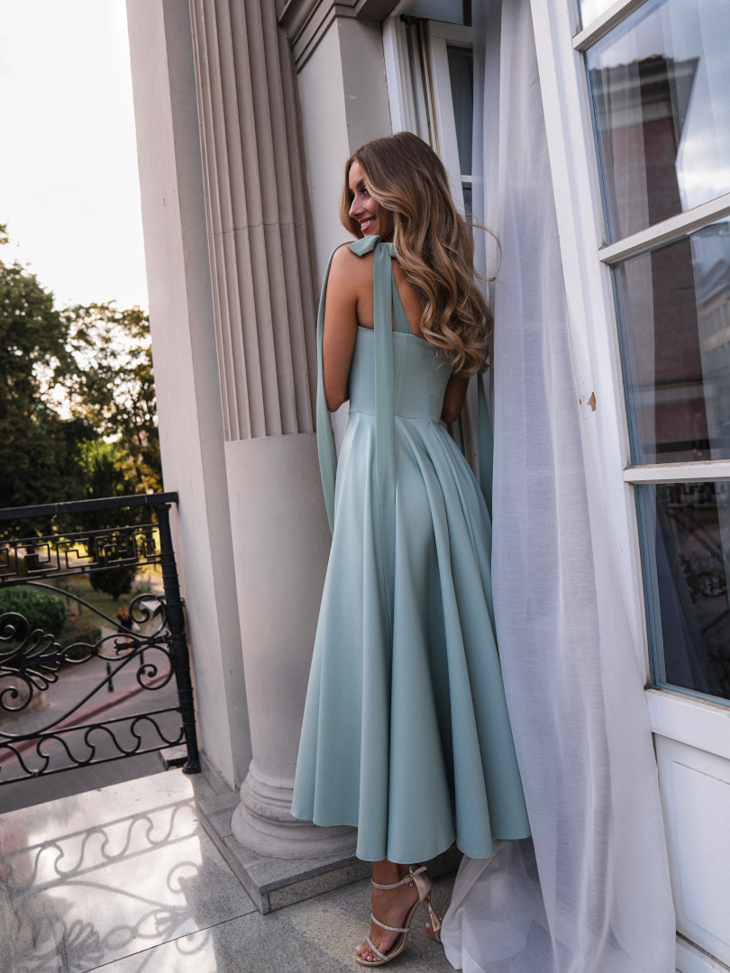 Scarlet - sage midi dress with heart neckline and decorative ties - Kulunove image 3