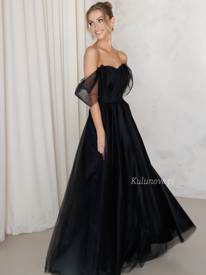 Selena - corseted black tulle maxi dress with plunging sleeves - Kulunove image 1