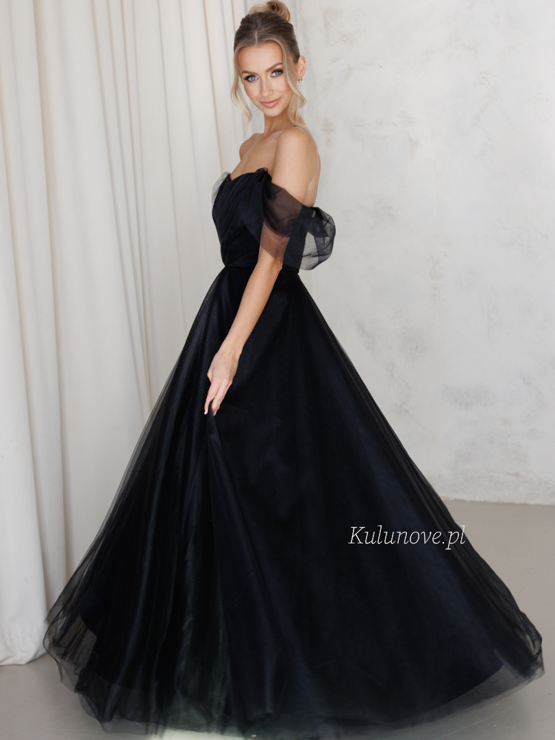 Selena - corseted black tulle maxi dress with plunging sleeves - Kulunove image 3