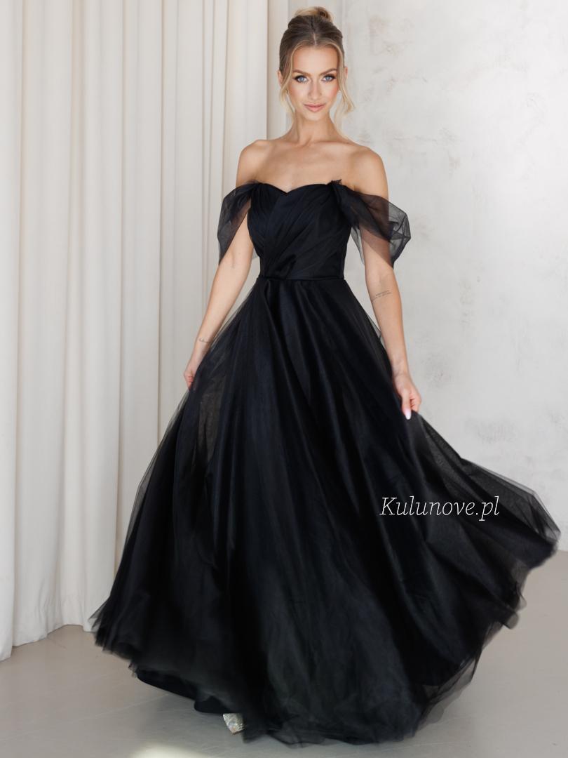 Selena - corseted black tulle maxi dress with plunging sleeves - Kulunove image 2