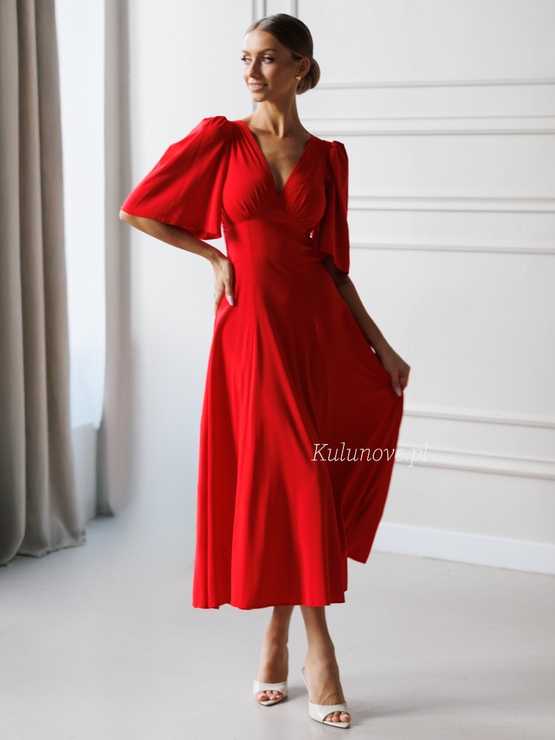 Sydney - red midi dress with V neckline made of viscose - Kulunove image 1