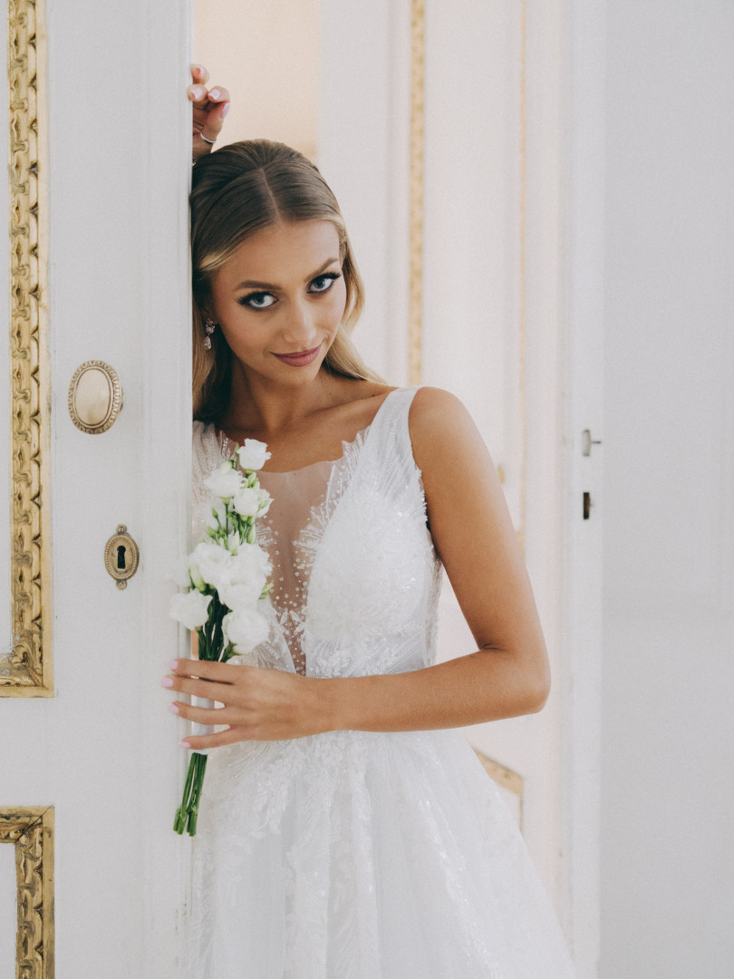 Michaela - a richly embellished PREMIUM wedding dress with thicker straps and an impressive train - Kulunove image 2