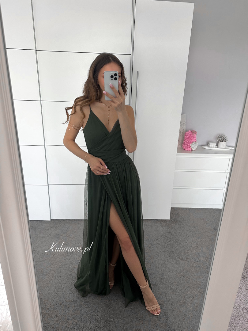 Zuri - airy long olive tulle dress with thin straps image 2