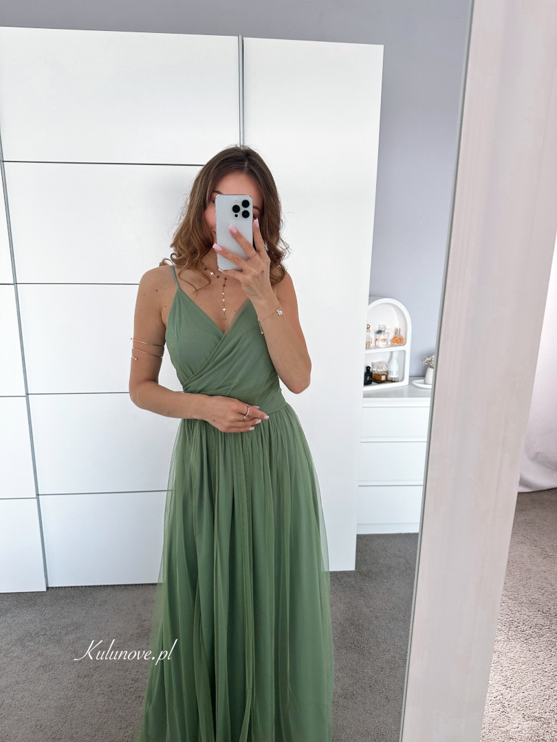 Zuri - sage colored tulle maxi dress with straps image 4