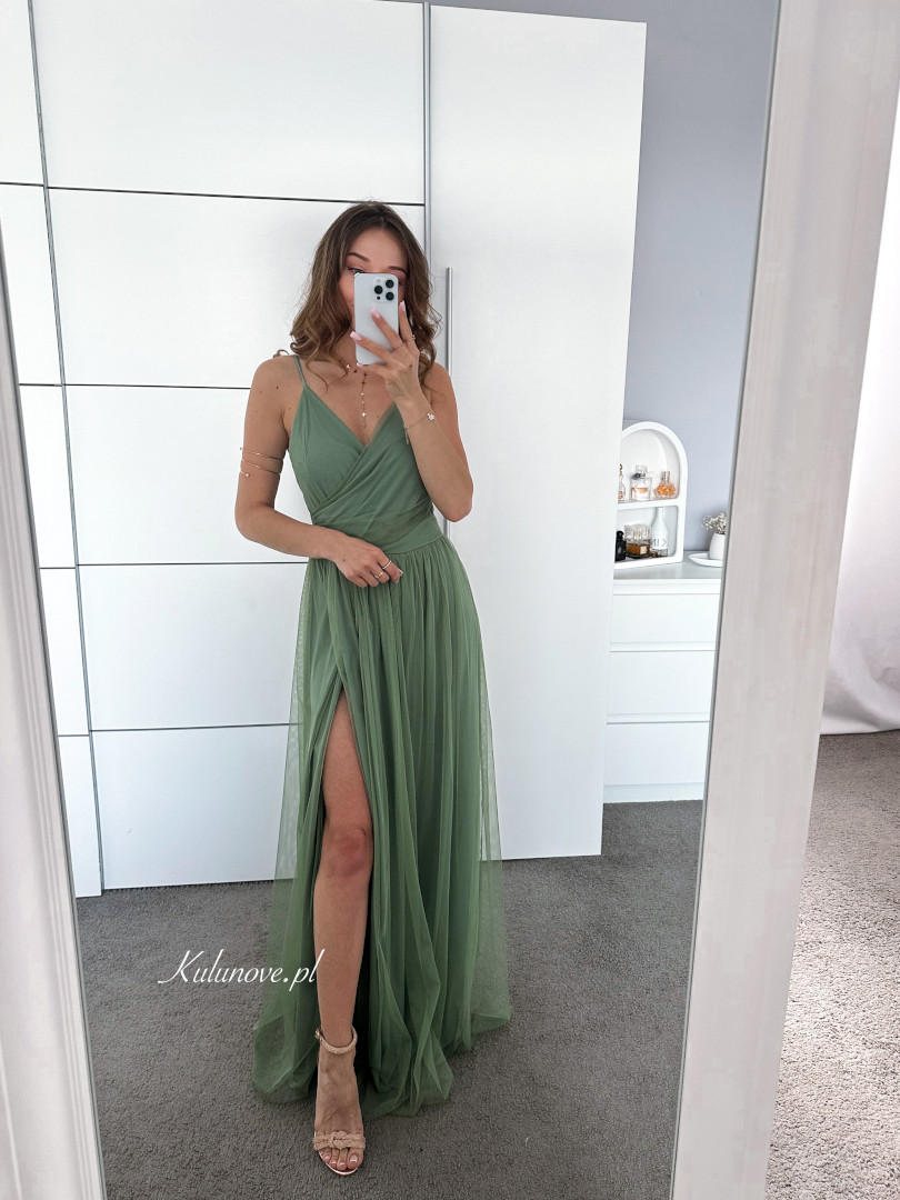 Zuri - sage colored tulle maxi dress with straps image 3