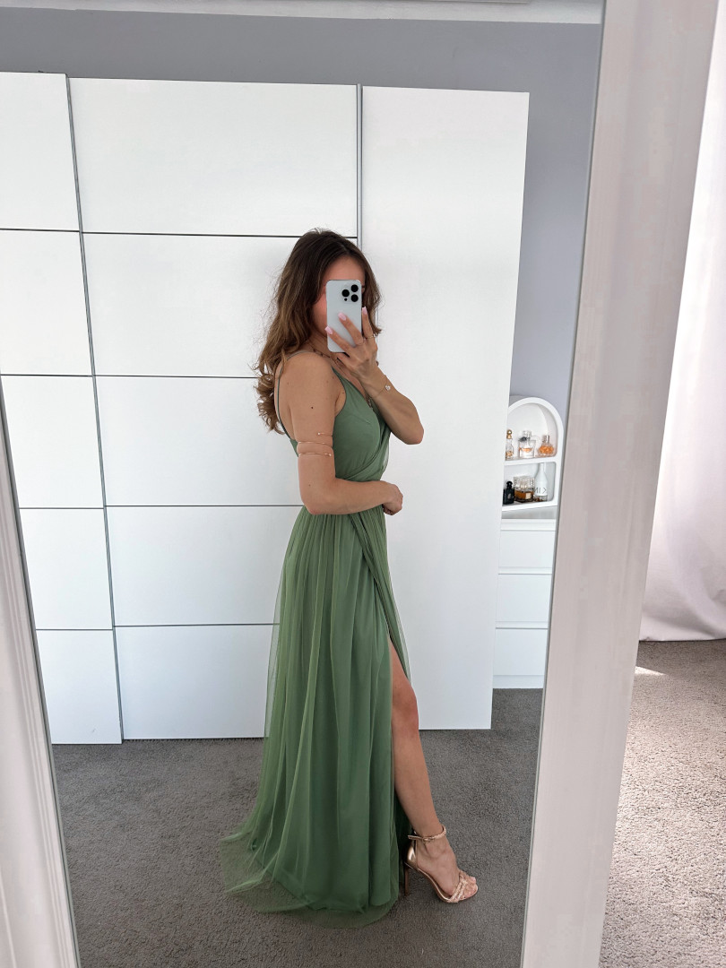 Zuri - sage colored tulle maxi dress with straps image 2