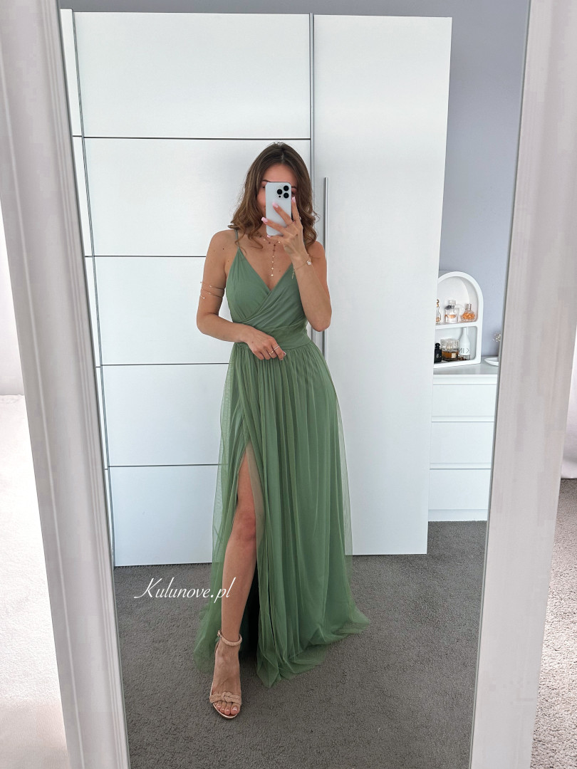 Zuri - sage colored tulle maxi dress with straps image 1